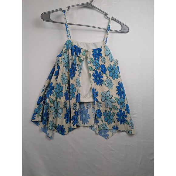 Walking On Sunshine Tank Top Girls XL Blue Floral Pleated Open Back KTP718550-N - Picture 5 of 8